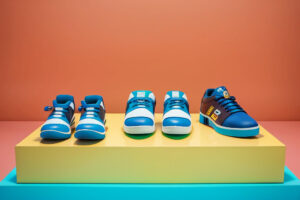 A collection of blue barefoot shoes displayed on a yellow platform against a pastel pink background.