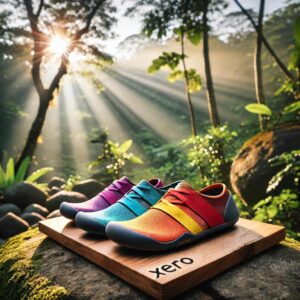 A pair of colorful barefoot shoes in shades of purple, cyan, orange, and red are placed on a wooden stand with "Xero" written on it. The backdrop features a sunlit forest with sunlight streaming through the trees, highlighting lush green foliageâa scene that perfectly embodies comfort.