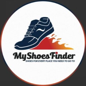 The logo for "MyShoesFinder" showcases a stylized shoe with flames trailing behind it, symbolizing swift motion. The tagline, "Shoes for every place you need to go to," complements the circular design on a black background. Perfect for barefoot shoes enthusiasts and everyone in between.