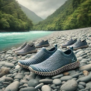 A pair of gray and blue barefoot slip-ons with a lattice-style sole rests on a rocky riverbank, while additional pairs are visible in the background. The river flows through a lush green landscape under a cloudy sky, inviting exploration and answering nature's common questions.