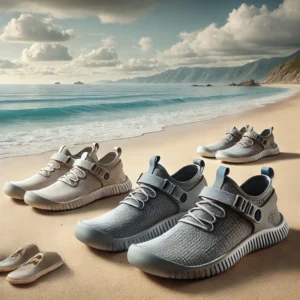 Four pairs of gray sneakers, designed like barefoot shoes with a knitted fabric and cushioned soles, are arranged on a sandy beach near the ocean. The backdrop showcases waves, rocks, and a mountain range under a cloudy sky.