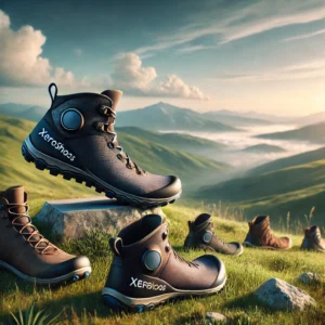 A group of hiking boots labeled "Xeroshoes" is arranged on a grassy hillside overlooking a breathtaking mountain landscape. As you explore barefoot shoes, the clear sky and rolling green hills inspire a connection to nature that's sure to answer any common questions about your next adventure.