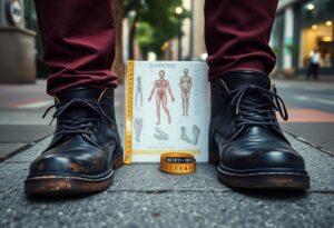 A pair of black boots with brown soles and red pants stand on a city street. Between the boots is a page showing human anatomy illustrations and a yellow measuring tape with a black tape measure displaying numbers 501211-101.