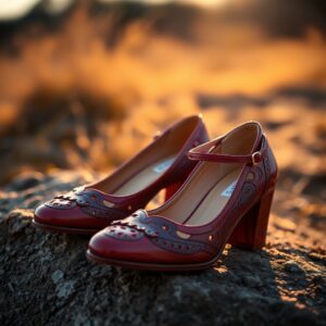 A pair of red, intricately designed women's heels with ankle straps is displayed outdoors on a rocky surface, seamlessly switching focus against a blurred golden sunset backdrop.