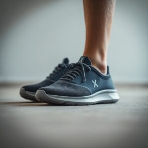 Close-up of a person's feet wearing dark-colored athletic shoes with a white sole, featuring the sleek "X" logo on the side. These innovative shoes are inspired by barefoot science, ensuring comfort and flexibility on a smooth, light-colored surface under soft lighting.