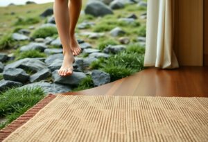 Bare feet are stepping from a smooth wooden floor onto a grassy, rocky outdoor area. A textured carpet lies on the floor, and large rocks are visible in the background. The scene suggests a transition from indoors to nature.