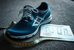 A blue athletic shoe with white laces is placed next to a measuring tape on a carpeted floor. A small instruction sheet depicting foot diagrams and guidance for fitting is beside the shoe.