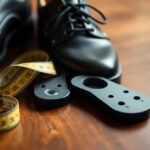 A pair of black leather shoes on a wooden surface, accompanied by a yellow measuring tape and two black shoe sizing templates with holes.