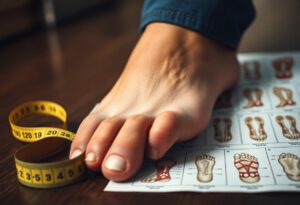 A foot is placed next to a measuring tape on a wooden surface. A chart depicting various foot shapes and sizes is partially visible beneath the foot. The foot is relaxed, and the tape is coiled in a circular shape.