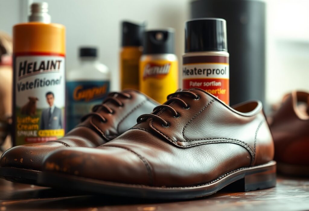 A pair of polished brown smooth leather dress shoes sits on a table, surrounded by various shoe care products, including waterproofing spray and other better alternatives like bottles and sprays labeled "Helaint," "Gayert," and "Heaterproof.