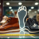 A shoe store display showcases a brown leather boot with white soles on the left and a black leather lace-up shoe on the right. A footprint graphic in the background highlights different sizes while a measuring tape ensures a perfect fit for every customer.