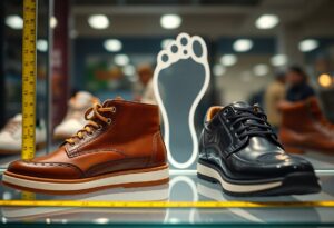 A shoe store display showcases a brown leather boot with white soles on the left and a black leather lace-up shoe on the right. A footprint graphic in the background highlights different sizes while a measuring tape ensures a perfect fit for every customer.