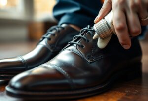 A person applies shoe cream to achieve a polished look on a black leather shoe using a small brush. The shoe rests on a wooden floor as they focus the brush near the laces for an immaculate finish.