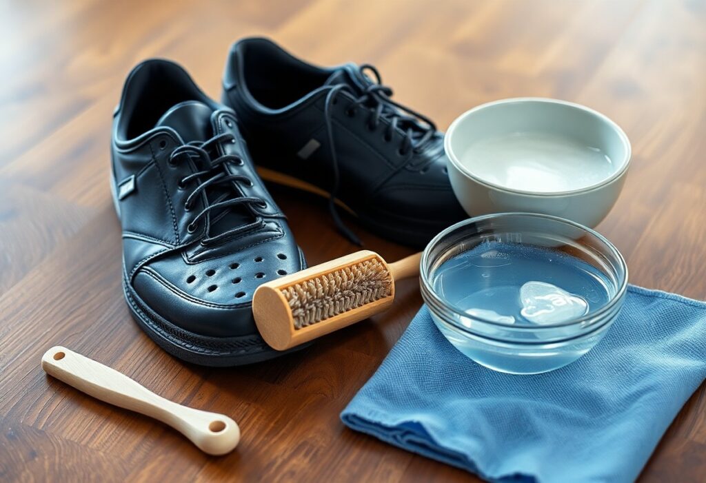 A pair of black shoes rests on a wooden surface beside a small bowl of water, a larger bowl, and a cleaning brush with a blue cloth—an effective cleaning setup. These items offer valuable shoe tips for maintaining pristine footwear without leaving plastic residues.