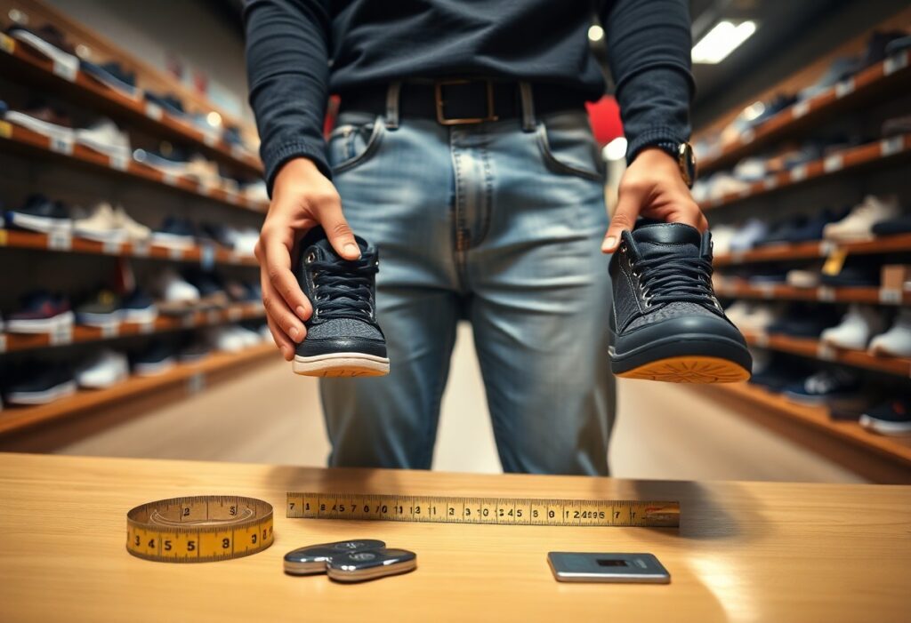 A person in jeans holds a pair of black sneakers in a shoe store. On the table, tools like a measuring tape and shoe size gauge are ready to ensure a perfect fit. Shelves filled with various shoes are visible in the background, ready to accommodate even those with uneven foot sizes.