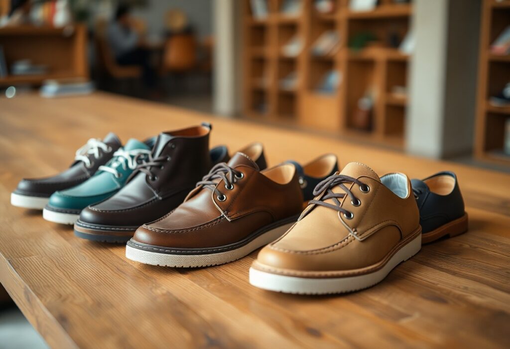 A row of five pairs of casual leather shoes, perfect for wide feet, is arranged on a wooden table. Each pair varies in color, including navy blue, turquoise, and shades of brown. A blurred background reveals shelves and a person sitting in the room, showcasing these top recommendations.