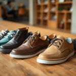 A row of five pairs of casual leather shoes, perfect for wide feet, is arranged on a wooden table. Each pair varies in color, including navy blue, turquoise, and shades of brown. A blurred background reveals shelves and a person sitting in the room, showcasing these top recommendations.