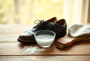 A pair of polished black dress shoes sit on a wooden surface next to a small bowl of soapy water, a brush, and a cloth. Salt is scattered nearby, suggesting a shoe cleaning process.