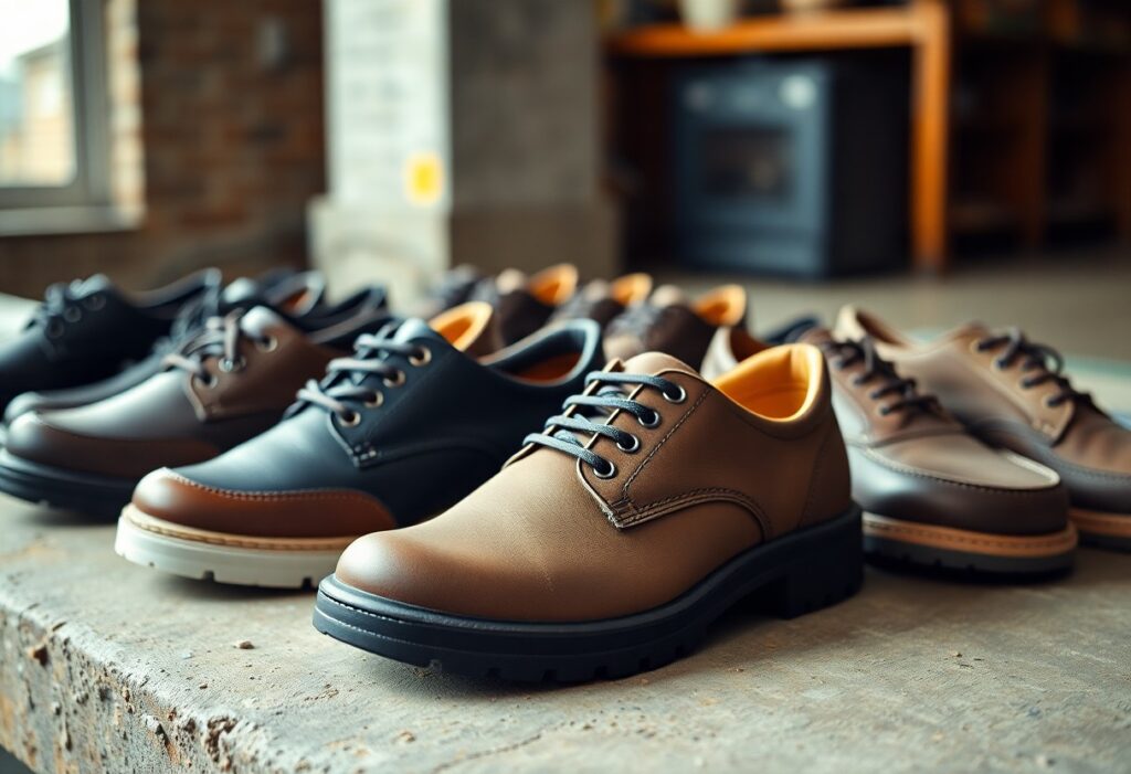 A row of men's lace-up work shoes is displayed on a concrete surface, designed for wide feet. They come in various shades of brown and black, with some featuring contrasting soles. A blurred background suggests an indoor setting with wooden elements.