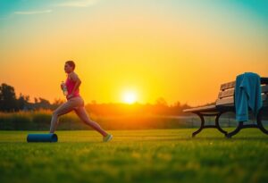 A person stretches on a grassy field at sunset, holding a water bottle and placing one foot on a rolled mat. A wooden bench with a draped towel is nearby. The sky is vivid with hues of orange, yellow, and blue.