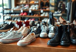 A variety of shoes, including sneakers and boots, are displayed on a wooden table in a store. In the background, more footwear is arranged on shelves. The scene is well-lit, highlighting the diverse styles and colors, offering shoppers an enticing glimpse at affordable quality shoes.