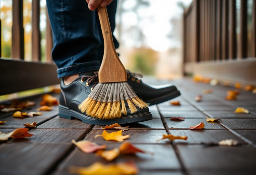 A person meticulously brushing shoes is cleaning the soles of their dark leather footwear with a brush. They stand on a wooden deck adorned with colorful autumn leaves, wearing blue jeans. The focus is on the shoe and brush, highlighting this essential benefit of shoe care.