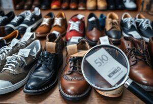 A variety of second-hand shoes are displayed on a wooden surface. Men's dress shoes, casual sneakers, and boots are visible. A magnifying glass focuses on a label with "5KO" and the phrase "WINGTIPS." Shelves with more shoes offer the best deals in the background.