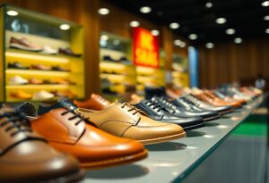 A row of men's dress shoes, showcasing Indonesian quality shoes in various styles and colors like brown and black, is displayed on a glass shelf in a brightly lit shoe store. Shelves in the background hold more options, while a red "50% SALE" sign is partially seen.