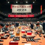 People are seated at tables in a large indoor venue, working on shoe-making tasks. The banner reads "2023 Japan Shoe Championships." Spectators observe the activity amidst banners proclaiming the upcoming "2024 Event Report" for the Japan Shoe Shining Championships.