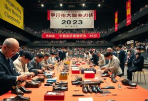 People are seated at tables in a large indoor venue, working on shoe-making tasks. The banner reads "2023 Japan Shoe Championships." Spectators observe the activity amidst banners proclaiming the upcoming "2024 Event Report" for the Japan Shoe Shining Championships.