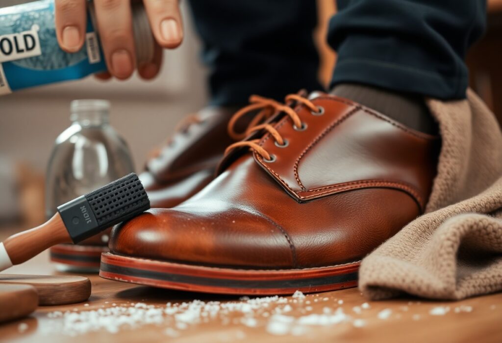 A person is diligently polishing brown leather shoes with a brush and a "GOLD" spray can, aiming to prevent mould. Nearby, a cloth lies on the wooden surface dotted with salt granules. The individual sports dark pants and gray socks as they work.