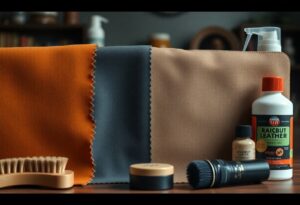 A collection of leather cleaning supplies is neatly arranged on a table. Featuring orange, gray, and beige leather swatches ideal for roughout leather, there's also a brush, two small containers of polish, care tips in a spray bottle, and a bottle labeled "Raibcut Leather.