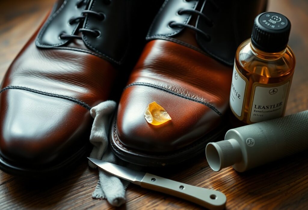 Brown leather shoes being polished with candle wax, surrounded by a small knife, a cloth, a bottle of leather conditioner, and a polishing brush on a wooden surface.