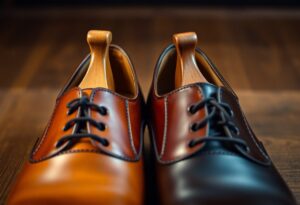 A pair of two-tone leather dress shoes, one tan and the other dark brown, sit side by side on a wooden floor. With their polished finish, laced design, and included quality shoe trees, they make a smart investment for any wardrobe.