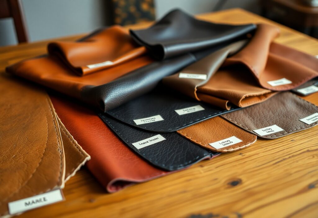 A variety of leather samples in different colors and textures are spread on a wooden table. Each piece has a small white label displaying its name, like "Make," "Louisiana," and "Legend." These samples highlight diverse leather types, showcasing uses from smooth to textured finishes.