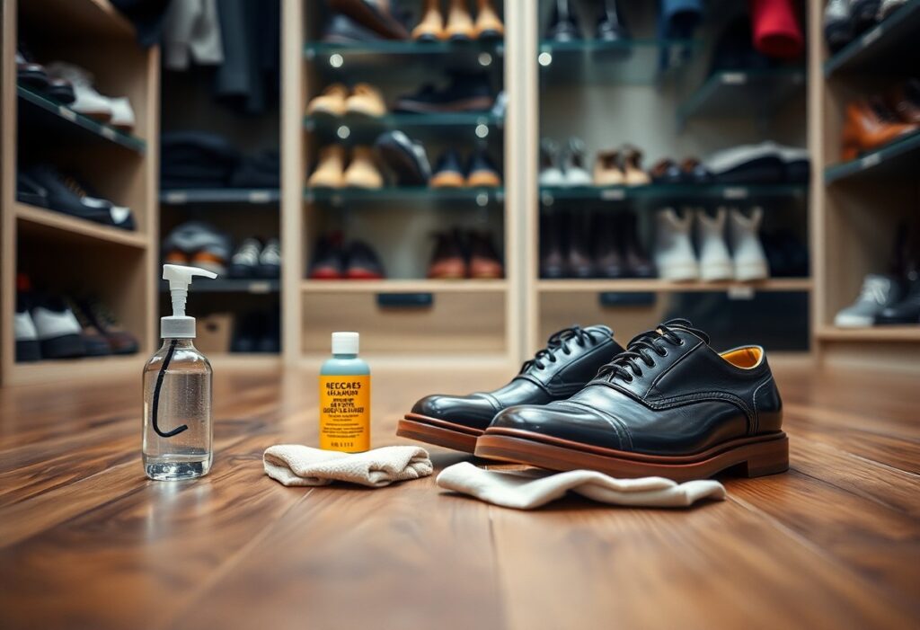 A pair of black leather dress shoes rests on white cloths on a wooden floor. Nearby are a bottle of cleaning solution and a cloth, hinting at the necessary care routine. The background shows shelves with various shoes in a closet, reminding one when not to condition new leather footwear.