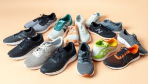 A collection of various athletic shoes is arranged on a light beige surface. Prioritizing foot health, these shoes come in an array of colors—black, gray, white, orange, and teal—boasting diverse designs and brand logos.