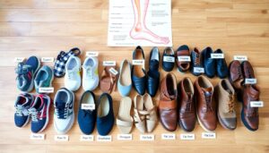 A curated collection of shoes is displayed on a wooden floor, each pair tagged with "Poor Fit" and "Forefoot." A foot anatomy poster, typical in a podiatrist's office, peeks from the background, emphasizing the importance of foot health in choosing proper footwear.