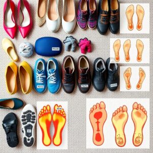 A collection of various shoes, including colorful high heels, sneakers, and dress shoes, is displayed on a light textured surface. Nearby are cartoon diagrams of feet with labeled shoe insoles emphasizing foot health recommendations from a podiatrist's perspective.