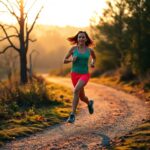 A woman is gracefully running light on a dirt trail at sunset, surrounded by trees and greenery. She dons a green tank top, red shorts, and running shoes. The sun's low glow enhances her focus as she works to improve her stride in the serene setting.