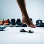 A person stepping barefoot over a single black sandal in front of a row of various shoes. The shoes include athletic sneakers, casual shoes, and sandals, set against a soft blue background.