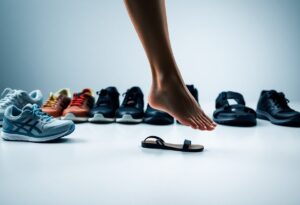 A person stepping barefoot over a single black sandal in front of a row of various shoes. The shoes include athletic sneakers, casual shoes, and sandals, set against a soft blue background.