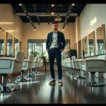 A person in a dark suit and sneakers stands confidently in an empty hair salon. The salon features rows of white chairs and mirrors along both sides, with large windows at the back. The lighting is warm, and the floor is glossy.