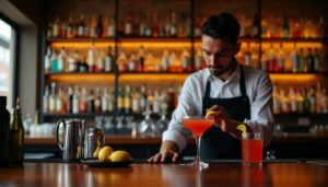 A bartender in a black apron garnishes a red cocktail with a lemon peel, effortlessly blending style with skill—a true game-changer. The bar is well-stocked with various liquor bottles on shelves, and nearby, a glass with a similar drink and lemons on a plate rest on the wooden counter.