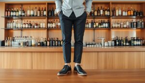 A person in tailored pants and dress shoes for bartenders stands confidently on a wooden bar counter. Shelves filled with various bottles of liquor are visible in the background, lending an air of sophistication to the scene while keeping the focus on their impeccable footwear.