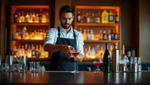 The bartender, in sleek black shoes and apron, expertly prepares a cocktail at the bar. Two exquisite cocktails rest on the counter amidst an array of bottles and glasses. Shelves lined with assorted liquor bottles are beautifully illuminated in the background.