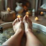 Two feet soak in a bowl of water with floating herbs and star anise. A small bottle is beside the bowl. The background features lit candles, blurred decorative items, and soft lighting, creating a relaxing ambiance.