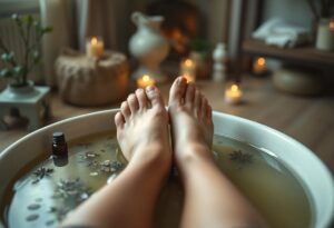 Two feet soak in a bowl of water with floating herbs and star anise. A small bottle is beside the bowl. The background features lit candles, blurred decorative items, and soft lighting, creating a relaxing ambiance.