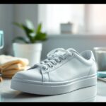 A white sneaker is placed on a glossy surface, surrounded by cleaning supplies including a brush, a folded yellow cloth, a bucket, and a plant in a blurred background. The scene is bright, with natural light coming from a window.