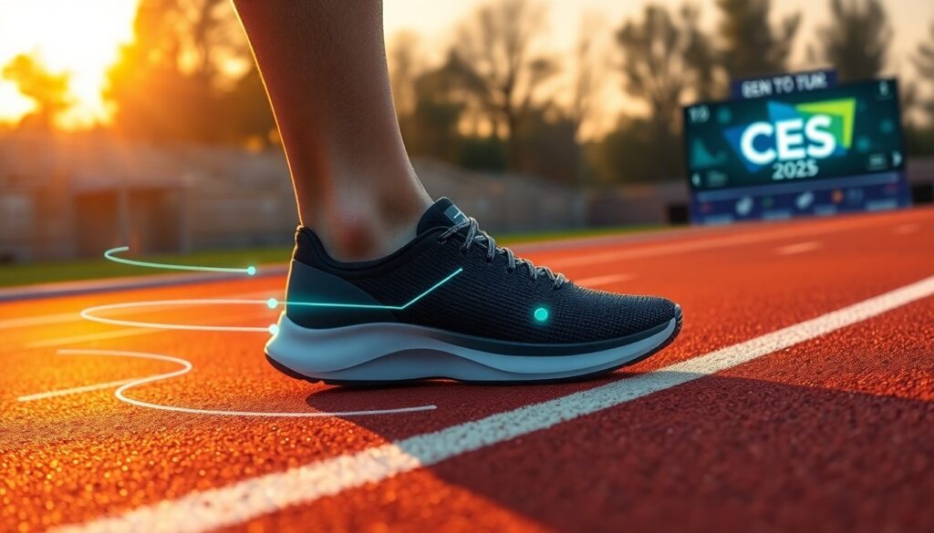 At sunrise on the track, a person sporting high-tech running shoes with digital indicators stands poised. Nearby, "CES 2025" glows on a distant screen. These could be Xero Shoes designed for enhanced sensation, offering an edge even to those battling neuropathy.